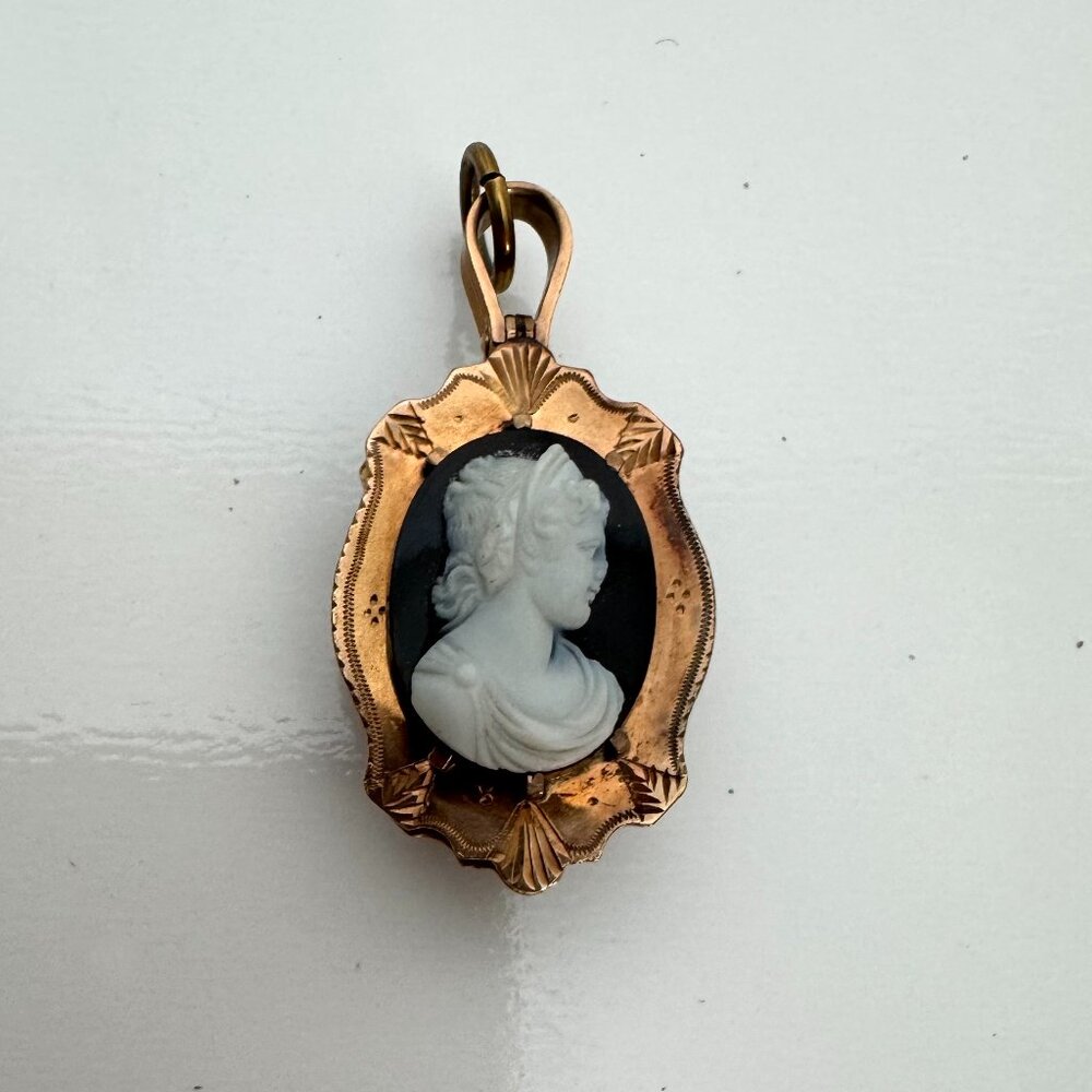 Exquisite Victorian double sided cameo pendant. 1" high Bloodstone on other side